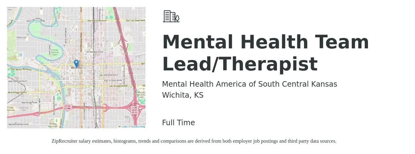 Mental Health America of South Central Kansas job posting for a Mental Health Team Lead/Therapist in Wichita, KS with a salary of $53,700 to $76,000 Yearly with a map of Wichita location.