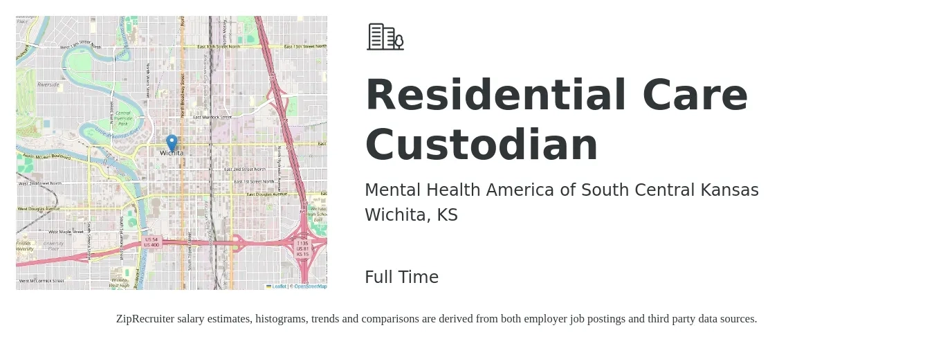 Mental Health America of South Central Kansas job posting for a Residential Care Custodian in Wichita, KS with a salary of $13 to $16 Hourly with a map of Wichita location.