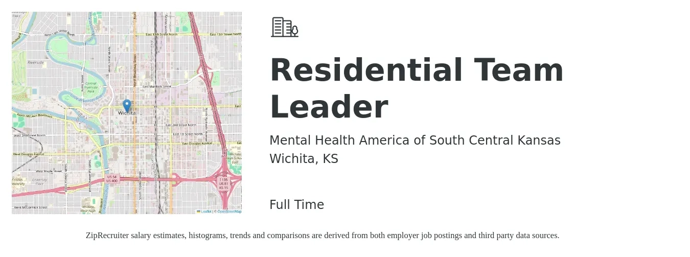 Mental Health America of South Central Kansas job posting for a Residential Team Leader in Wichita, KS with a salary of $16 to $22 Hourly with a map of Wichita location.