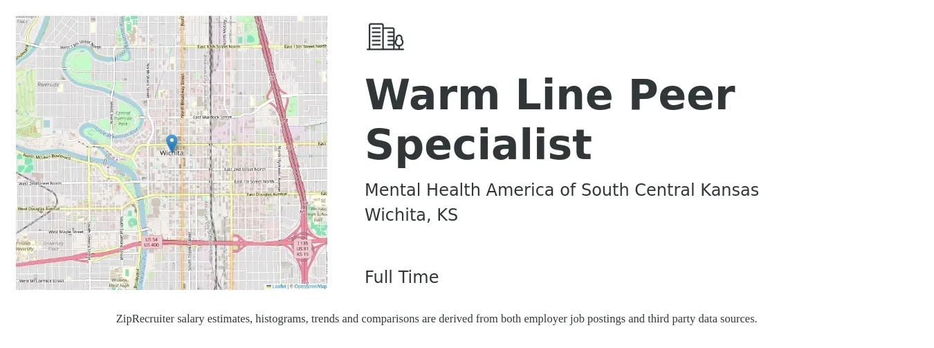 Mental Health America of South Central Kansas job posting for a Warm Line Peer Specialist in Wichita, KS with a salary of $16 to $20 Hourly with a map of Wichita location.