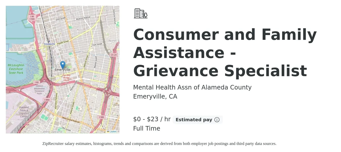 Mental Health Assn of Alameda County job posting for a Consumer and Family Assistance - Grievance Specialist in Emeryville, CA with a salary of $1 to $24 Hourly with a map of Emeryville location.