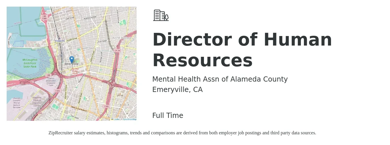 Mental Health Assn of Alameda County job posting for a Director of Human Resources in Emeryville, CA with a salary of $110,000 to $120,000 Yearly with a map of Emeryville location.