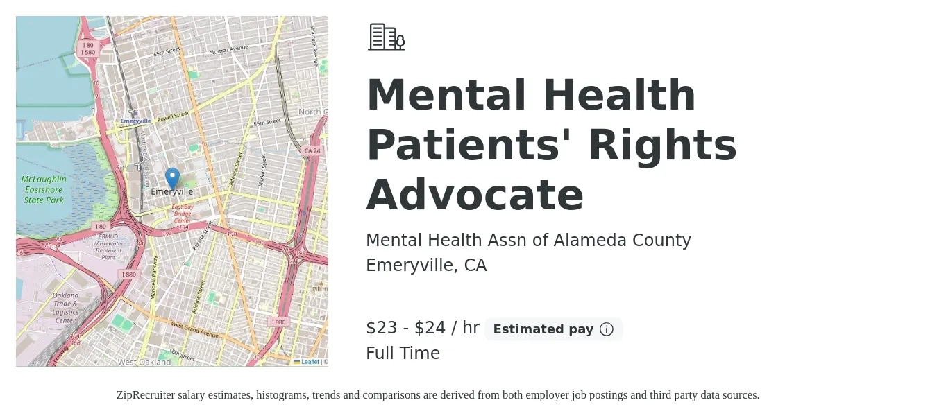 Mental Health Assn of Alameda County job posting for a Mental Health Patients' Rights Advocate in Emeryville, CA with a salary of $24 to $25 Hourly with a map of Emeryville location.