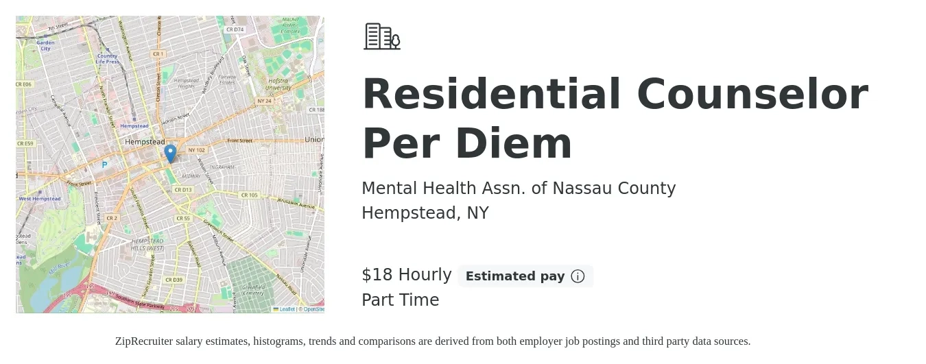 Mental Health Assn. of Nassau County job posting for a Residential Counselor Per Diem in Hempstead, NY with a salary of $19 Hourly with a map of Hempstead location.