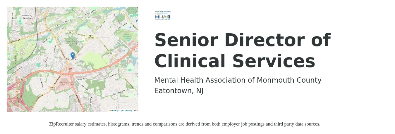 Mental Health Association of Monmouth County job posting for a Senior Director of Clinical Services in Eatontown, NJ with a salary of $80,600 to $109,800 Yearly with a map of Eatontown location.