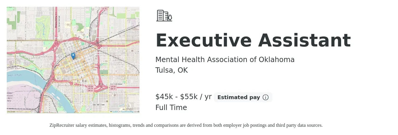 Mental Health Association of Oklahoma job posting for a Executive Assistant in Tulsa, OK with a salary of $45,000 to $55,000 Yearly with a map of Tulsa location.