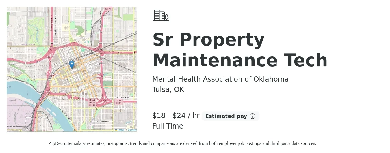 Mental Health Association of Oklahoma job posting for a Sr Property Maintenance Tech in Tulsa, OK with a salary of $19 to $22 Hourly with a map of Tulsa location.