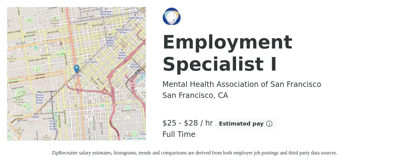 Mental Health Association of San Francisco job posting for a Employment Specialist I in San Francisco, CA with a salary of $27 to $30 Hourly with a map of San Francisco location.