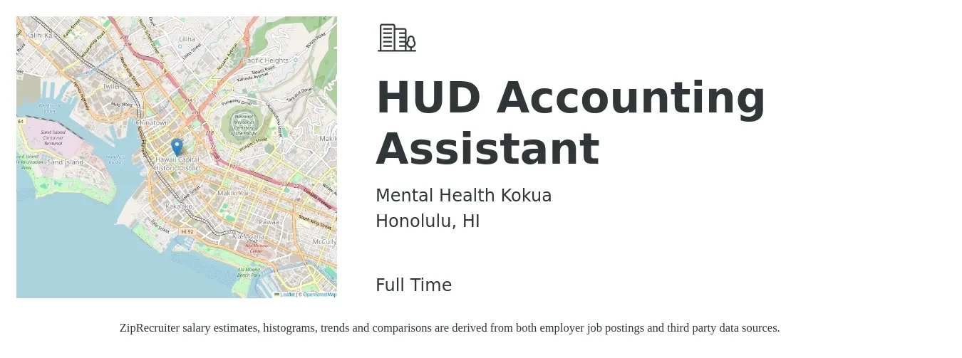 Mental Health Kokua job posting for a HUD Accounting Assistant in Honolulu, HI with a salary of $19 to $25 Hourly with a map of Honolulu location.
