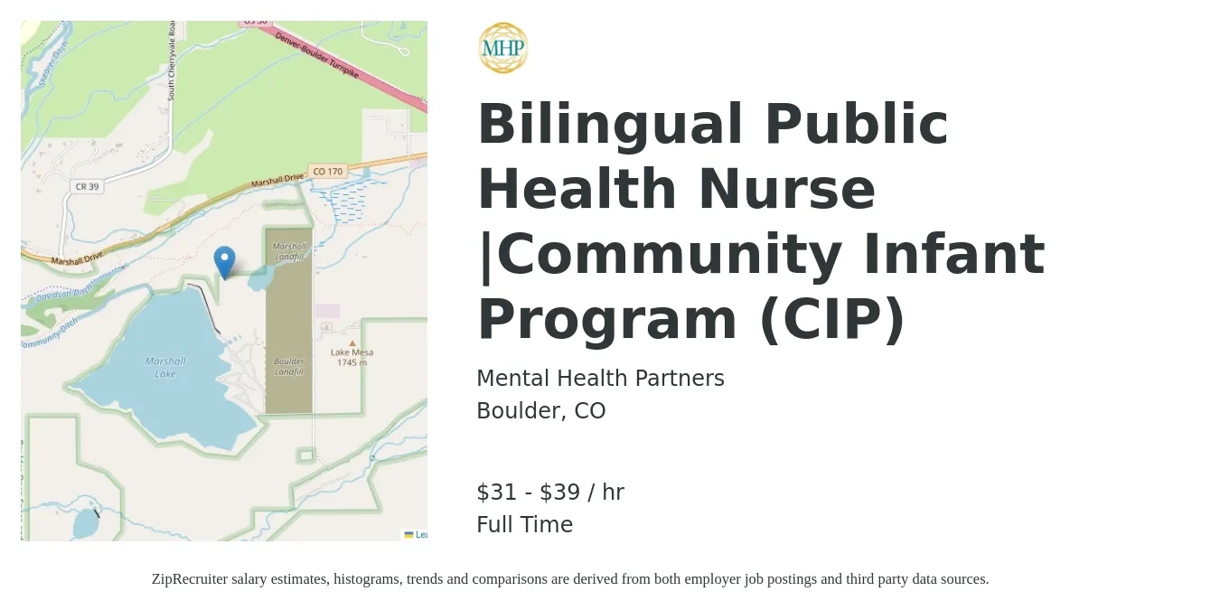 Mental Health Partners job posting for a Bilingual Public Health Nurse |Community Infant Program (CIP) in Boulder, CO with a salary of $33 to $41 Hourly with a map of Boulder location.