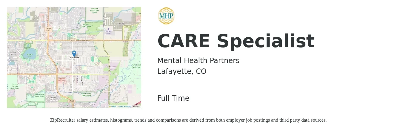 Mental Health Partners job posting for a CARE Specialist in Lafayette, CO with a salary of $39,600 to $98,400 Yearly with a map of Lafayette location.