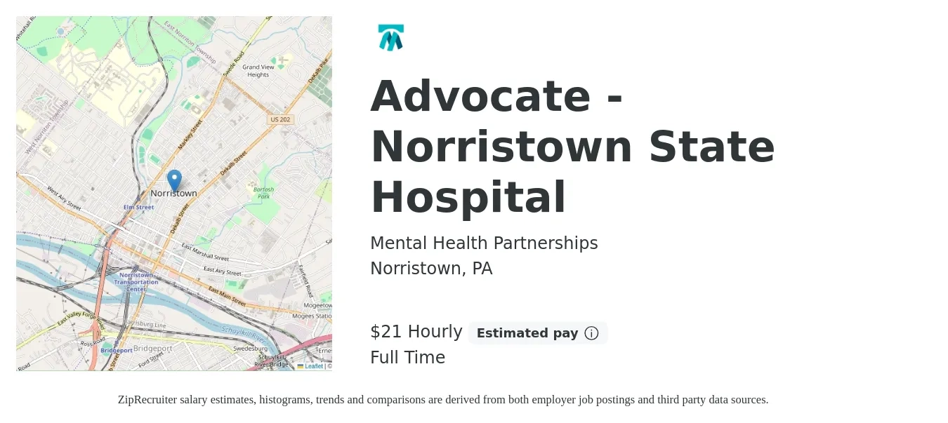 Mental Health Partnerships job posting for a Advocate - Norristown State Hospital in Norristown, PA with a salary of $22 Hourly with a map of Norristown location.