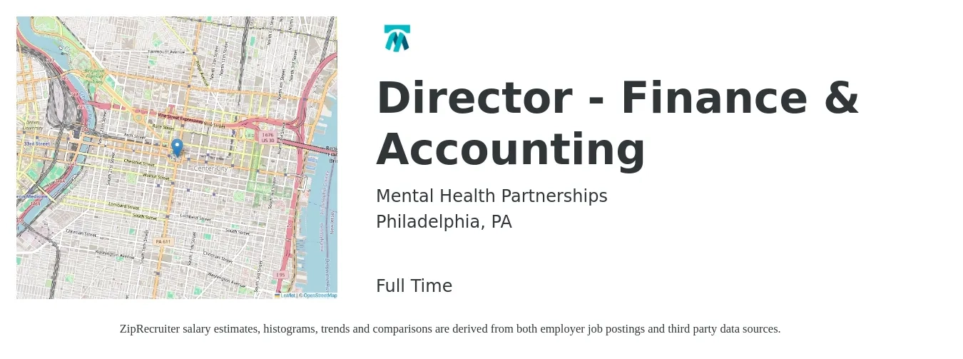 Mental Health Partnerships job posting for a Director - Finance & Accounting in Philadelphia, PA with a salary of $96,000 to $146,200 Yearly with a map of Philadelphia location.