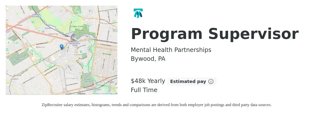 Mental Health Partnerships job posting for a Program Supervisor in Bywood, PA with a salary of $48,000 Yearly with a map of Bywood location.