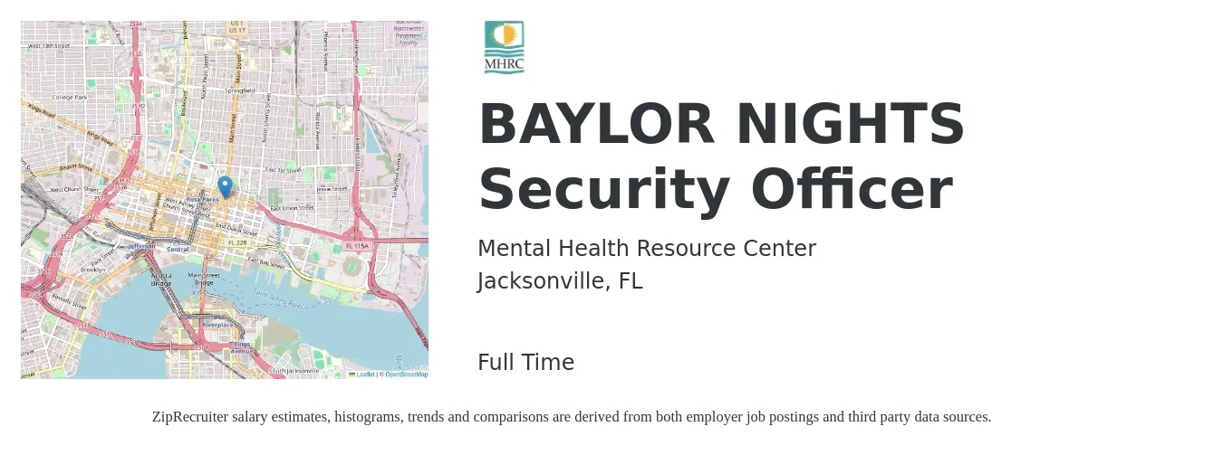 Mental Health Resource Center job posting for a BAYLOR NIGHTS Security Officer in Jacksonville, FL with a salary of $15 to $18 Hourly with a map of Jacksonville location.