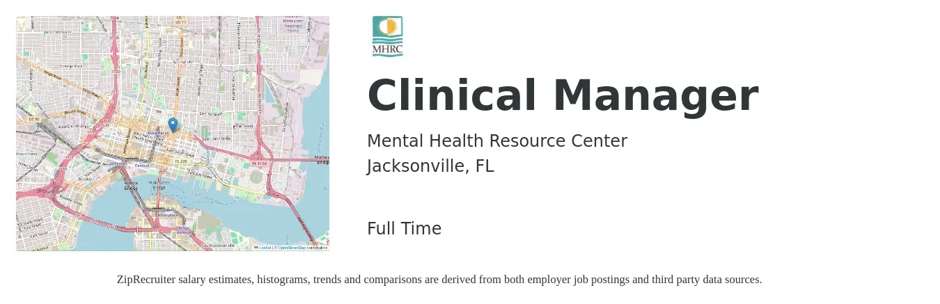 Mental Health Resource Center job posting for a Clinical Manager in Jacksonville, FL with a salary of $59,200 to $81,900 Yearly with a map of Jacksonville location.