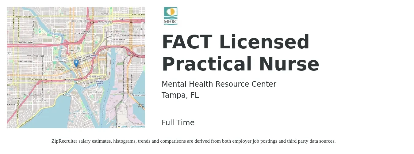 Mental Health Resource Center job posting for a FACT Licensed Practical Nurse in Tampa, FL with a salary of $23 to $32 Hourly with a map of Tampa location.