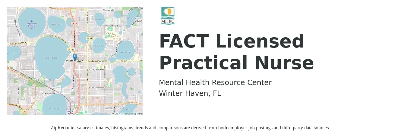Mental Health Resource Center job posting for a FACT Licensed Practical Nurse in Winter Haven, FL with a salary of $22 to $30 Hourly with a map of Winter Haven location.
