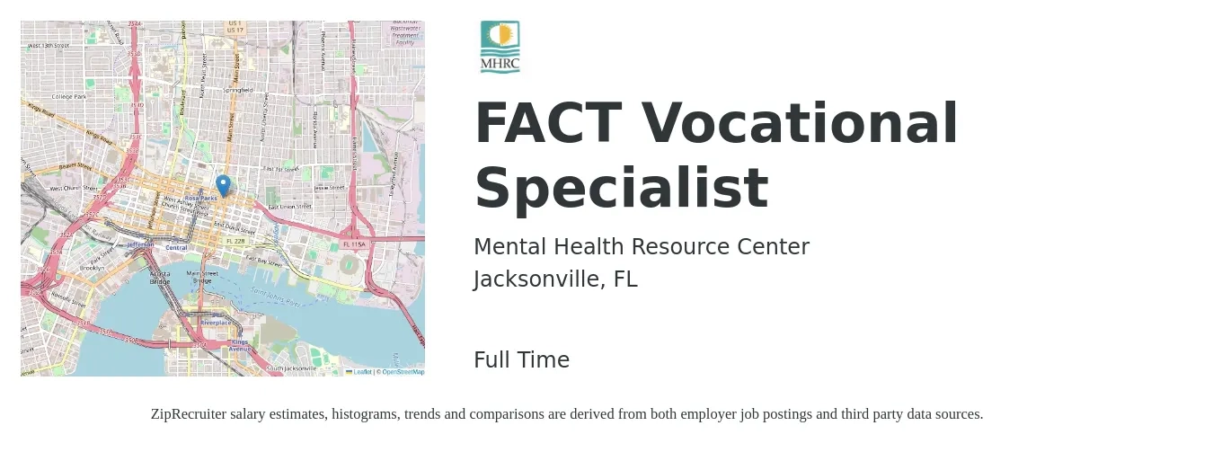 Mental Health Resource Center job posting for a FACT Vocational Specialist in Jacksonville, FL with a salary of $38,200 to $60,100 Yearly with a map of Jacksonville location.