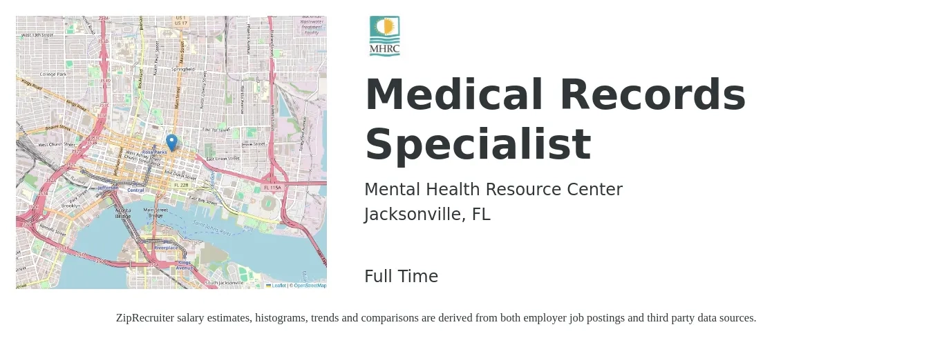 Mental Health Resource Center job posting for a Medical Records Specialist in Jacksonville, FL with a salary of $16 to $24 Hourly with a map of Jacksonville location.