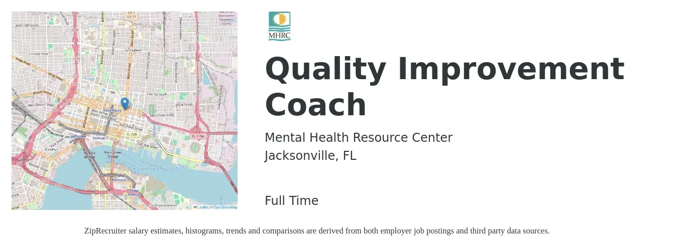 Mental Health Resource Center job posting for a Quality Improvement Coach in Jacksonville, FL with a salary of $65,100 to $95,600 Yearly with a map of Jacksonville location.