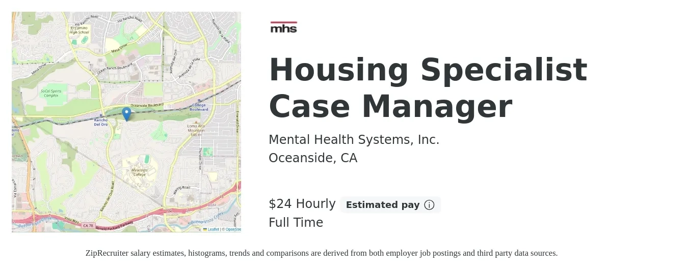 Mental Health Systems, Inc. job posting for a Housing Specialist Case Manager in Oceanside, CA with a salary of $25 Hourly with a map of Oceanside location.