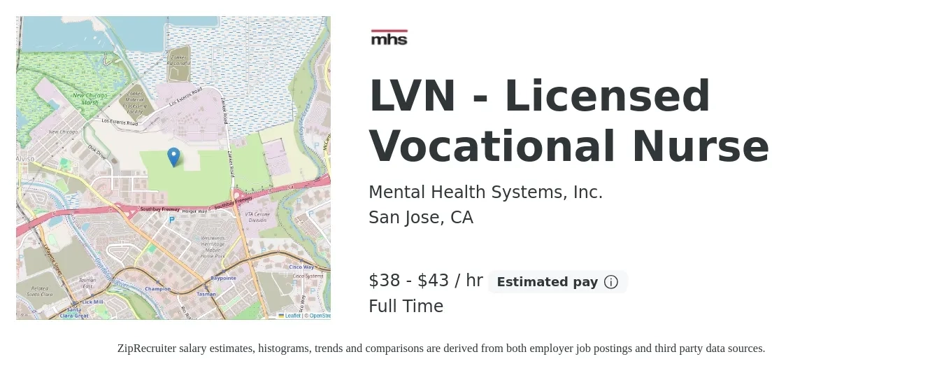 Mental Health Systems, Inc. job posting for a LVN - Licensed Vocational Nurse in San Jose, CA with a salary of $40 to $45 Hourly with a map of San Jose location.