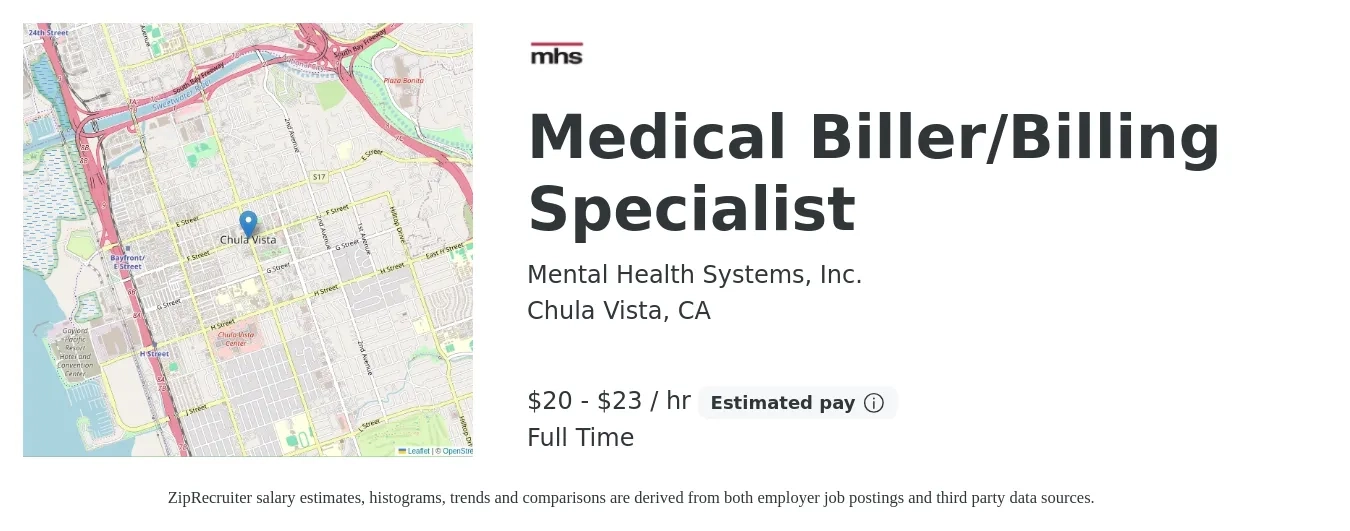 Mental Health Systems, Inc. job posting for a Medical Biller - Billing Specialist in Chula Vista, CA with a salary of $21 to $24 Hourly with a map of Chula Vista location.
