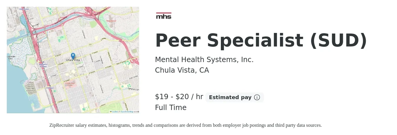 Mental Health Systems, Inc. job posting for a Peer Specialist (SUD) in Chula Vista, CA with a salary of $20 to $21 Hourly with a map of Chula Vista location.