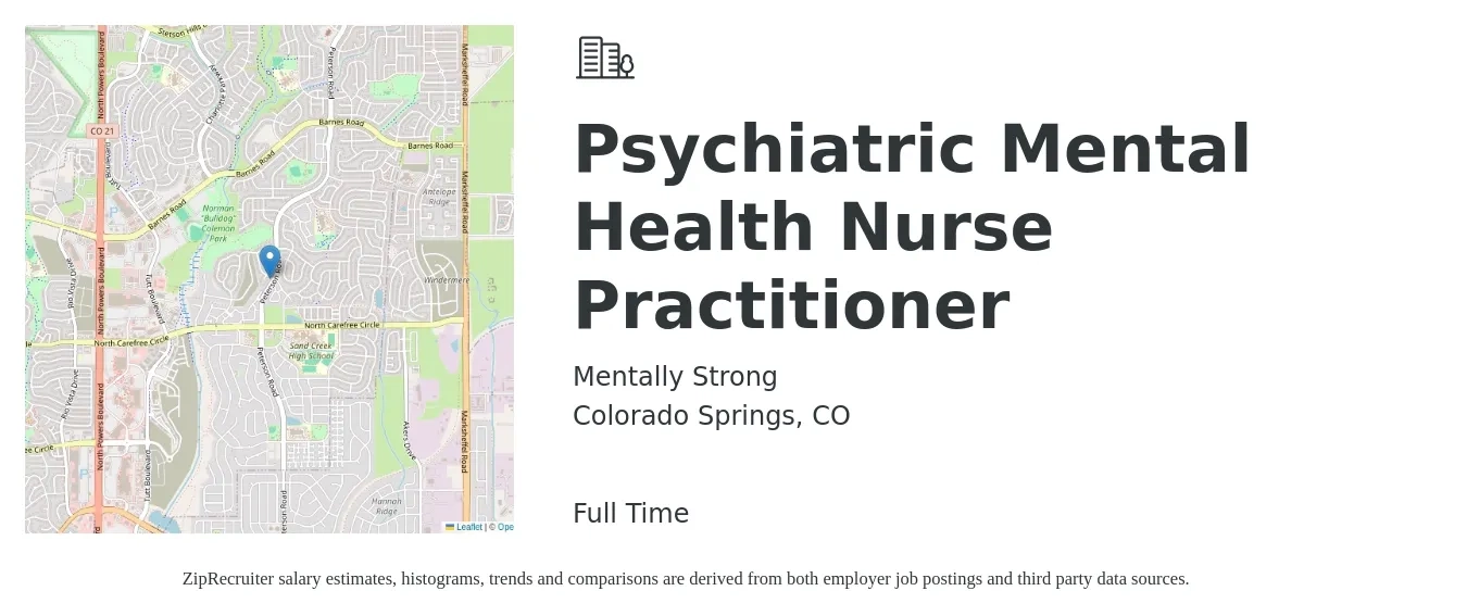 Mentally Strong job posting for a Psychiatric Mental Health Nurse Practitioner in Colorado Springs, CO with a salary of $100,000 to $140,000 Yearly with a map of Colorado Springs location.