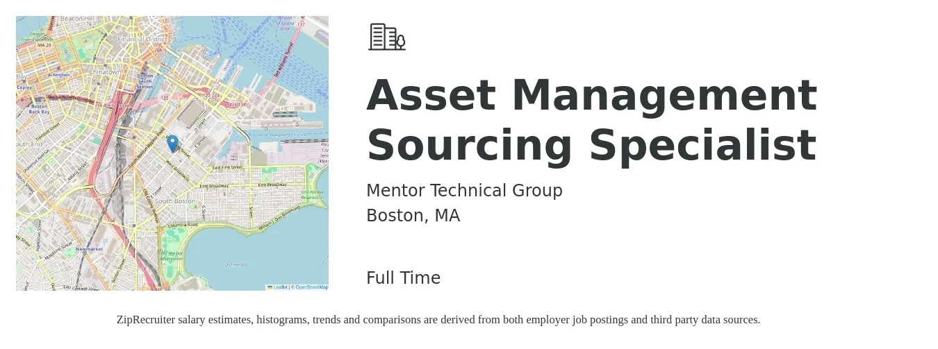 Mentor Technical Group job posting for a Asset Management Sourcing Specialist in Boston, MA with a salary of $28 to $44 Hourly with a map of Boston location.