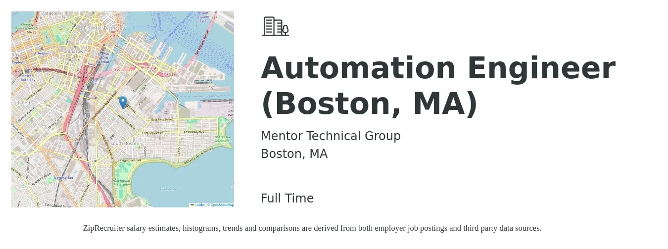 Mentor Technical Group job posting for a Automation Engineer (Boston, MA) in Boston, MA with a salary of $94,200 to $134,500 Yearly with a map of Boston location.