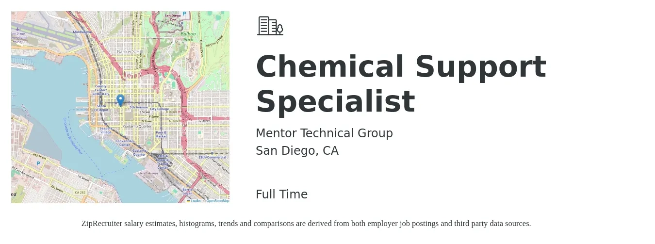 Mentor Technical Group job posting for a Chemical Support Specialist in San Diego, CA with a salary of $22 to $34 Hourly with a map of San Diego location.