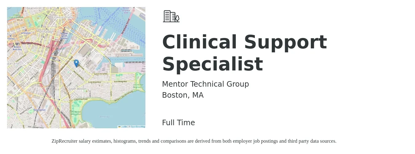 Mentor Technical Group job posting for a Clinical Support Specialist in Boston, MA with a salary of $20 to $33 Hourly with a map of Boston location.
