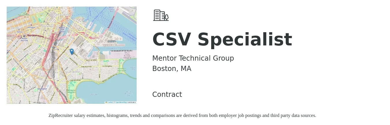 Mentor Technical Group job posting for a CSV Specialist in Boston, MA with a salary of $23 to $40 Hourly with a map of Boston location.