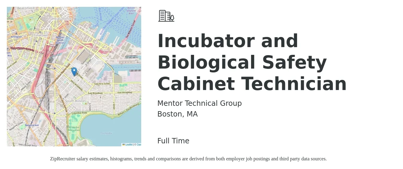 Mentor Technical Group job posting for a Incubator and Biological Safety Cabinet Technician in Boston, MA with a salary of $19 to $25 Hourly with a map of Boston location.