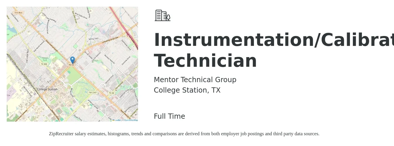 Mentor Technical Group job posting for a Instrumentation/Calibration Technician in College Station, TX with a salary of $18 to $28 Hourly with a map of College Station location.