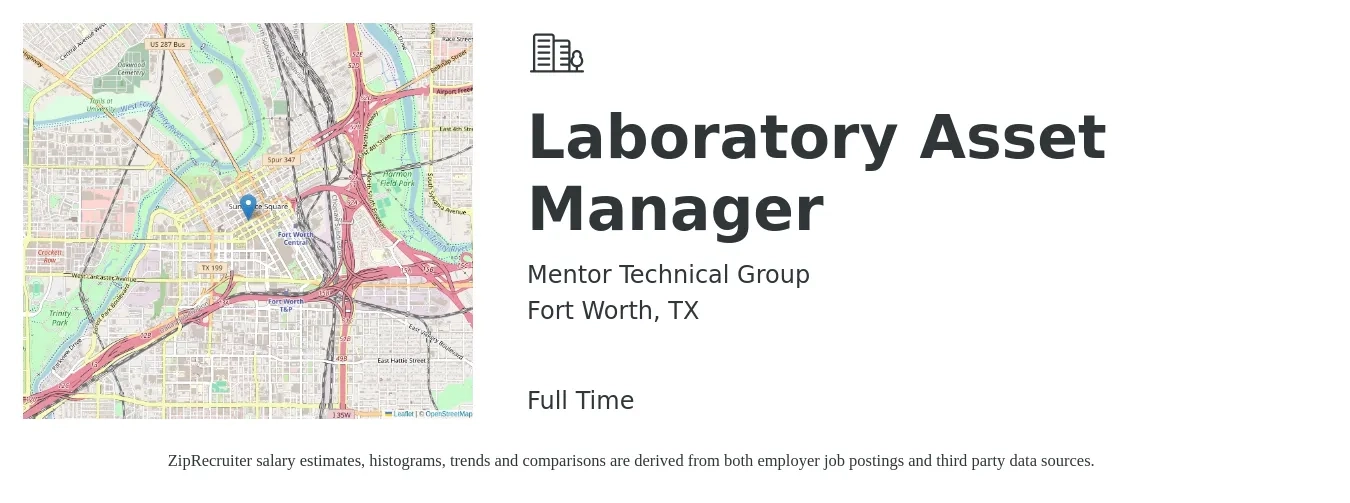 Mentor Technical Group job posting for a Laboratory Asset Manager in Fort Worth, TX with a salary of $40,300 to $58,000 Yearly with a map of Fort Worth location.