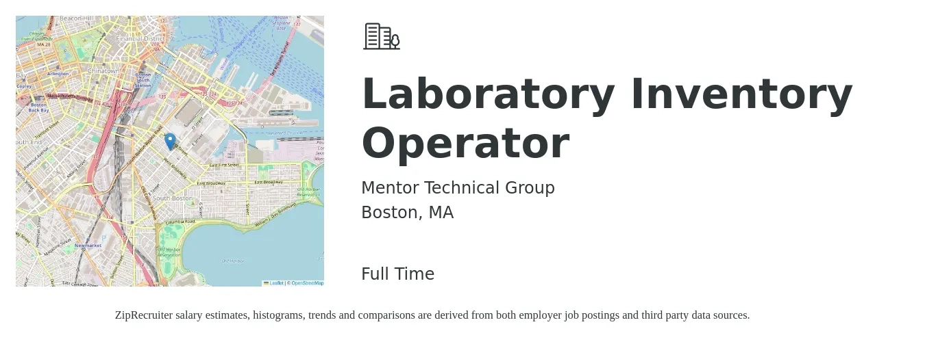 Mentor Technical Group job posting for a Laboratory Inventory Operator in Boston, MA with a salary of $43,500 to $69,500 Yearly with a map of Boston location.