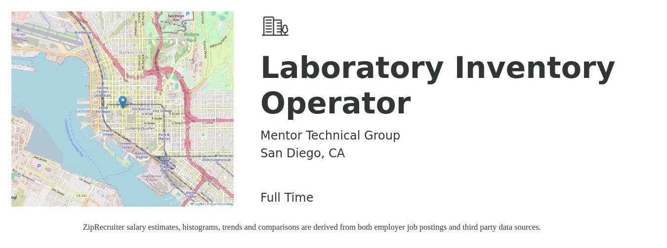 Mentor Technical Group job posting for a Laboratory Inventory Operator in San Diego, CA with a salary of $42,500 to $67,900 Yearly with a map of San Diego location.