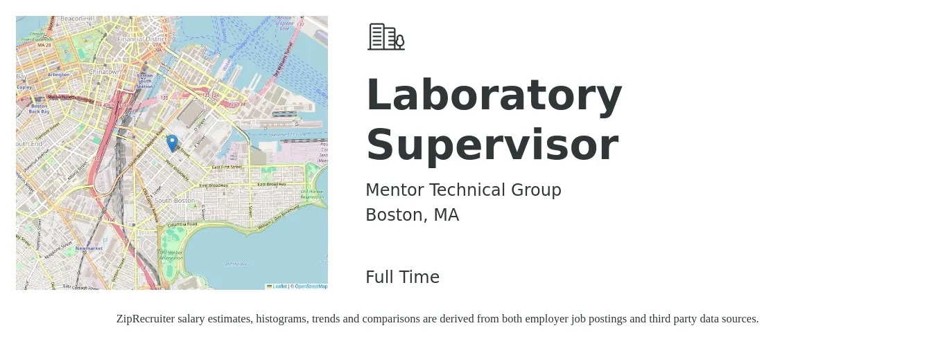 Mentor Technical Group job posting for a Laboratory Supervisor in Boston, MA with a salary of $73,900 to $108,600 Yearly with a map of Boston location.