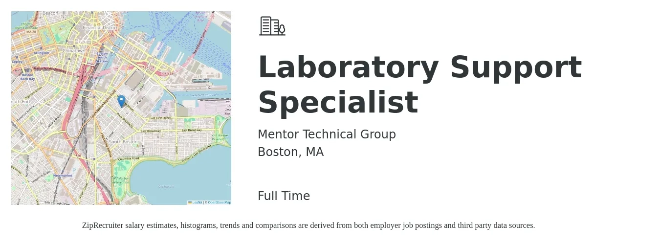 Mentor Technical Group job posting for a Laboratory Support Specialist in Boston, MA with a salary of $21 to $30 Hourly with a map of Boston location.