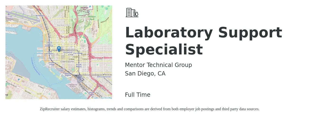 Mentor Technical Group job posting for a Laboratory Support Specialist in San Diego, CA with a salary of $20 to $29 Hourly with a map of San Diego location.