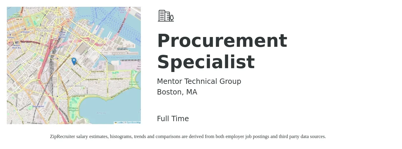 Mentor Technical Group job posting for a Procurement Specialist in Boston, MA with a salary of $27 to $41 Hourly with a map of Boston location.