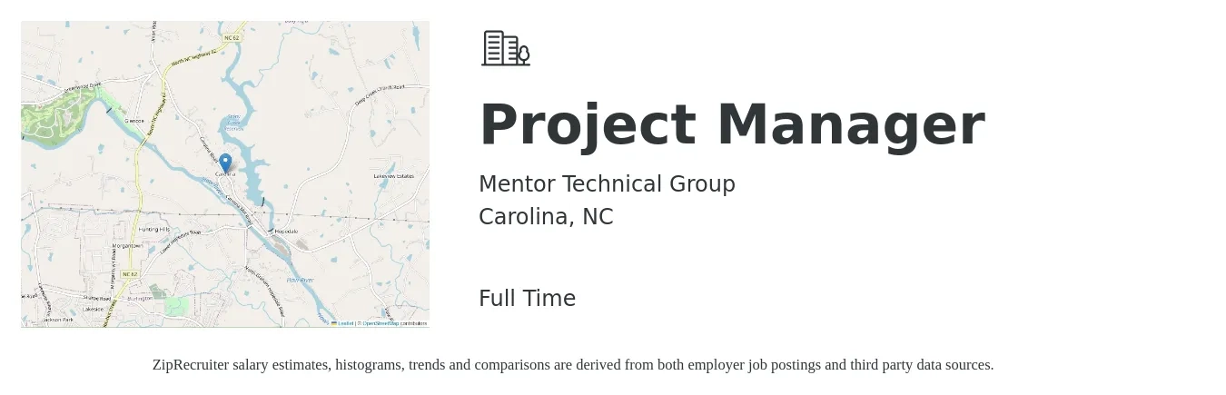 Mentor Technical Group job posting for a Project Manager in Carolina, NC with a salary of $69,800 to $109,400 Yearly with a map of Carolina location.