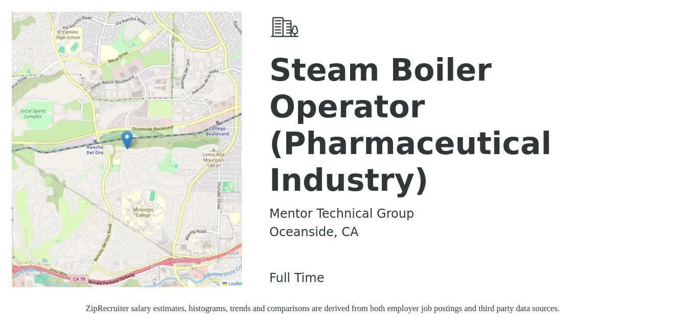 Mentor Technical Group job posting for a Steam Boiler Operator (Pharmaceutical Industry) in Oceanside, CA with a salary of $28 to $38 Hourly with a map of Oceanside location.