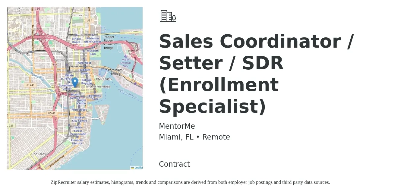 MentorMe job posting for a Sales Coordinator / Setter / SDR (Enrollment Specialist) in Miami, FL with a salary of $4,740 Monthly with a map of Miami location.