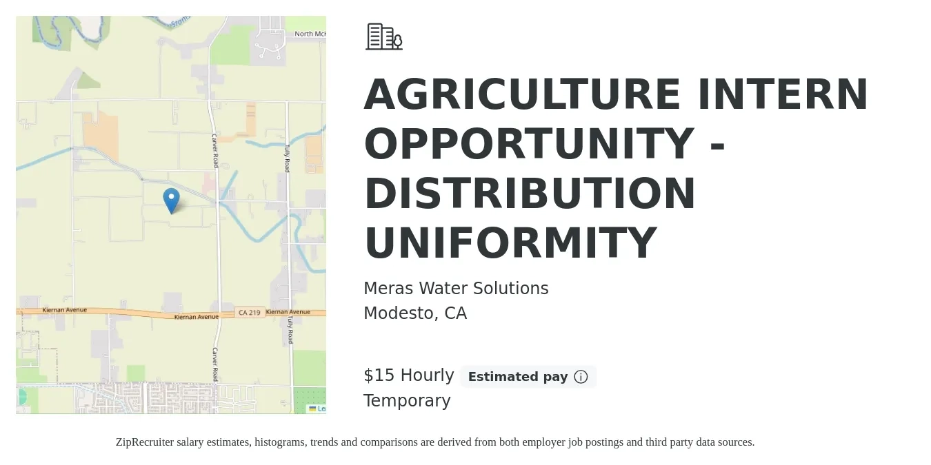 Meras Water Solutions job posting for a AGRICULTURE INTERN OPPORTUNITY - DISTRIBUTION UNIFORMITY in Modesto, CA with a salary of $16 to $16 Hourly with a map of Modesto location.