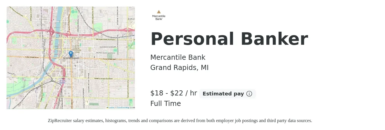 Mercantile Bank job posting for a Personal Banker in Grand Rapids, MI with a salary of $19 to $23 Hourly with a map of Grand Rapids location.