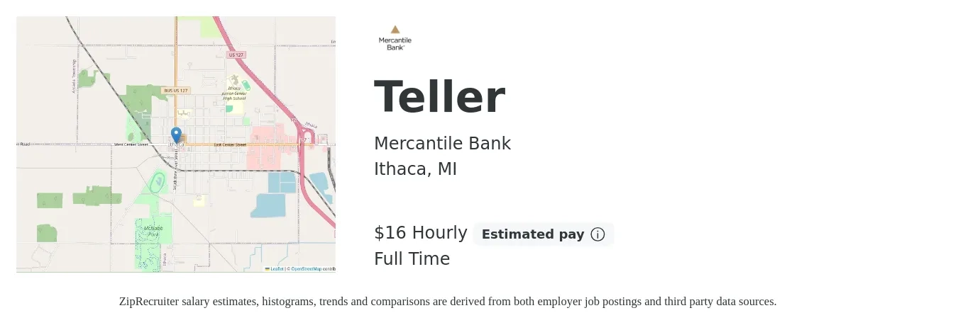 Mercantile Bank job posting for a Teller in Ithaca, MI with a salary of $17 Hourly with a map of Ithaca location.